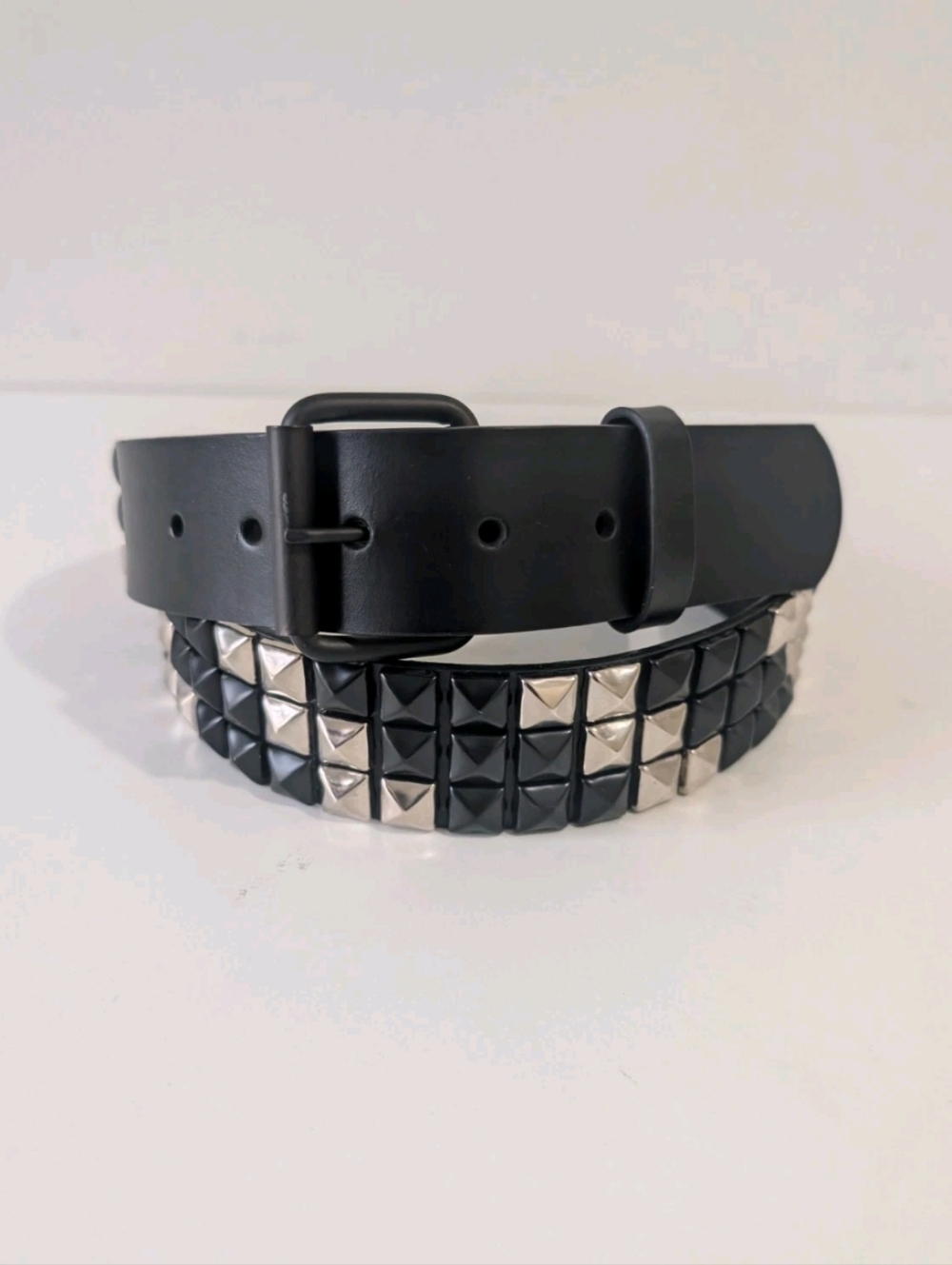 Hot Topic Bonded Leather Studded Belt: Checkered 3 Rows Pyramid Studs